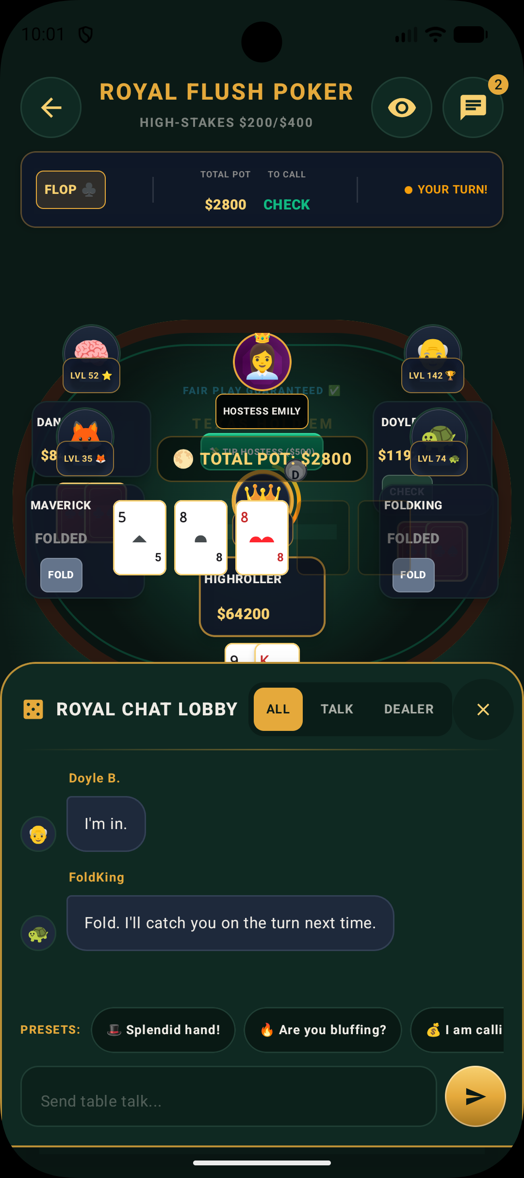 Royal Chat Lobby open during a Texas Hold'em hand in Royal Flush Poker