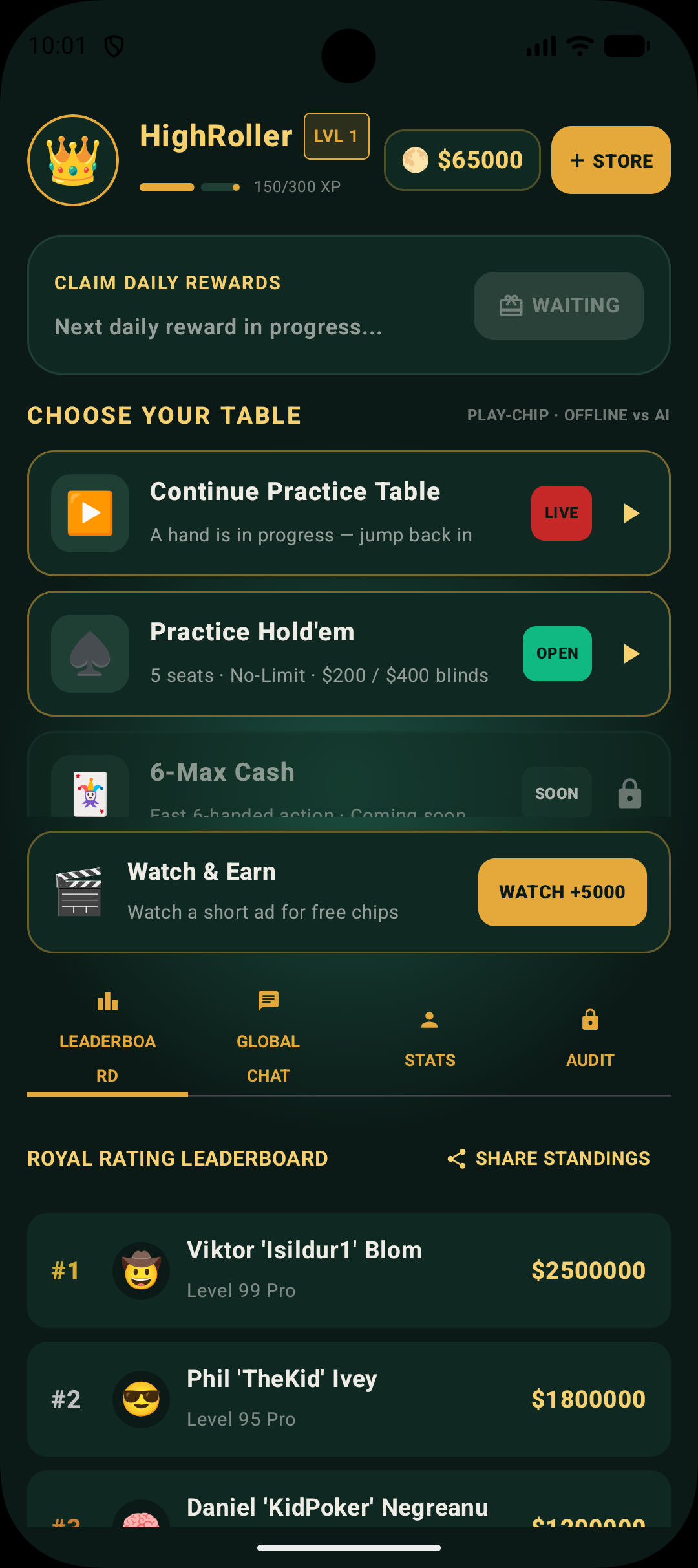 Royal Flush Poker dashboard on Android showing daily rewards and table selection