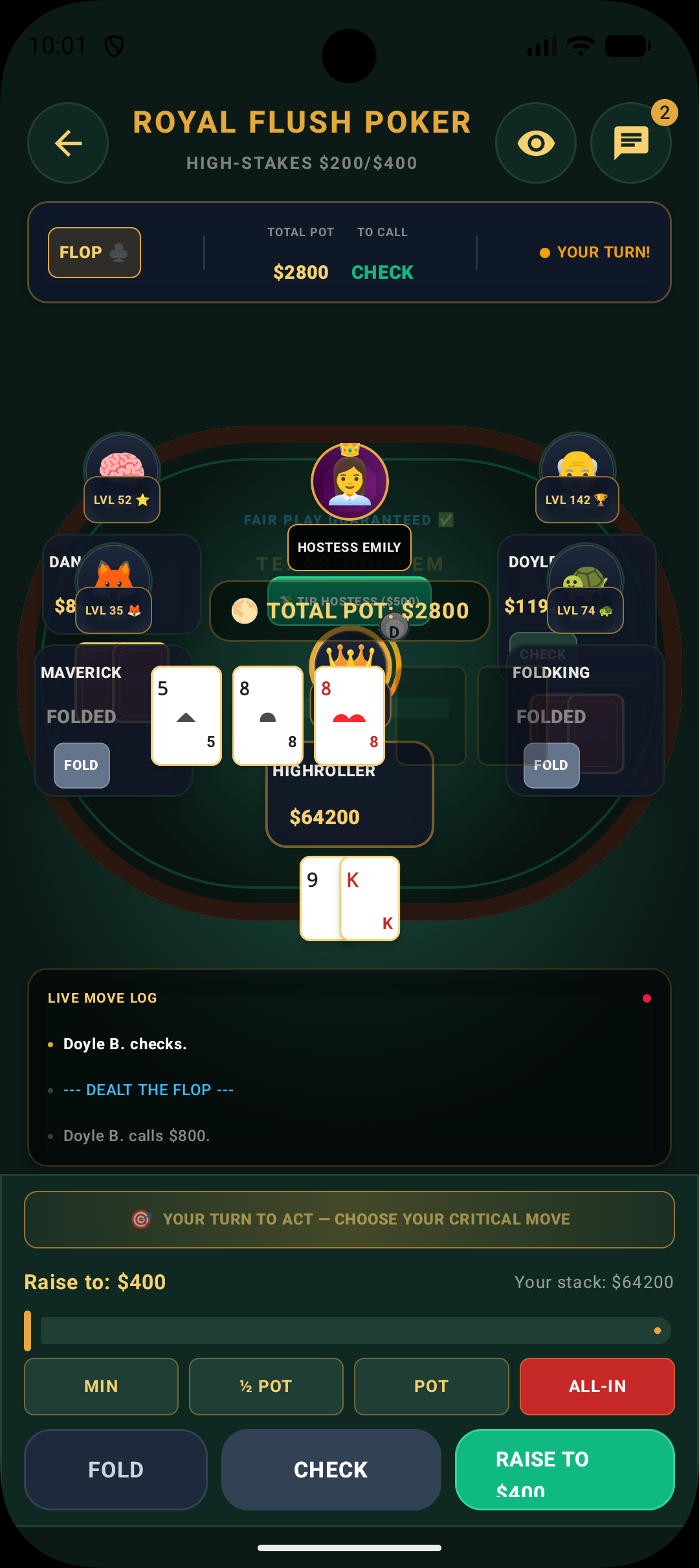 Live Texas Hold'em gameplay in Royal Flush Poker against AI opponents