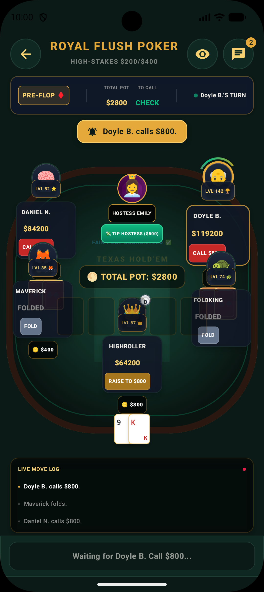 Pre-flop betting round in Royal Flush Poker Texas Hold'em