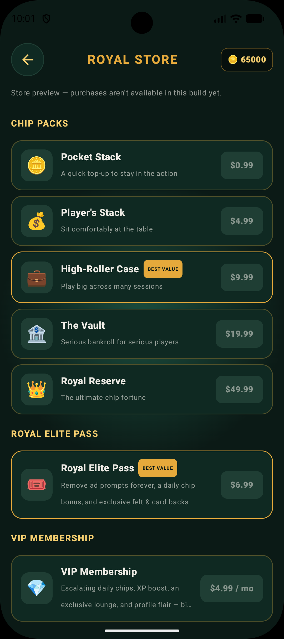 Royal Store in Royal Flush Poker with optional chip packs